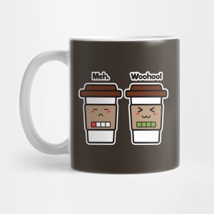 Meh. Woohoo! | Coffee Cup Friends | Charging | Low High Battery | Cute Kawaii | Dark Brown Mug